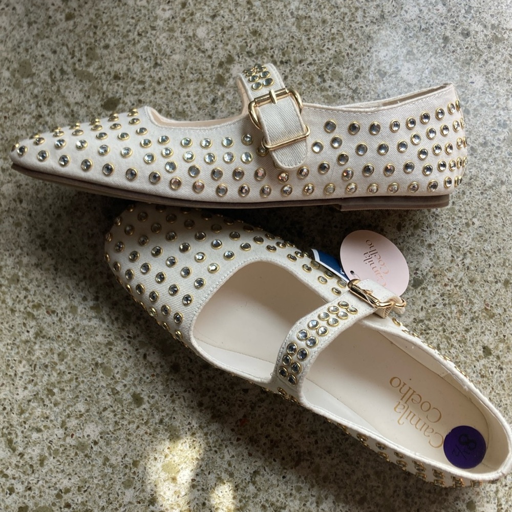 Camila Coelho Princess Cream Studded Mary Jane Flats Canvas Jewel Embellishments